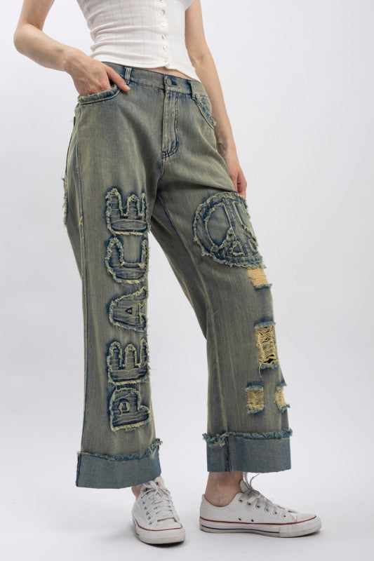 Peace Patch Distressed Denim Pants
