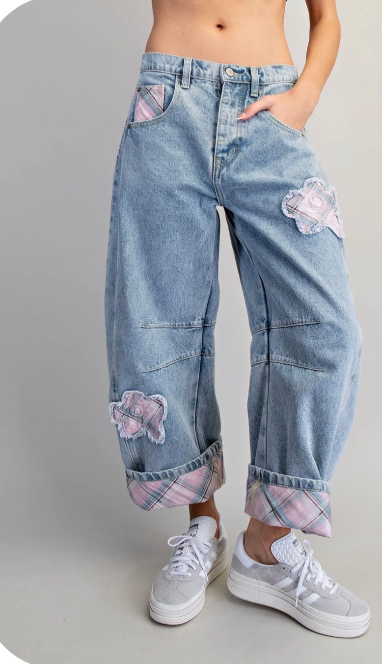Floral Patch Plaid Denim Pants