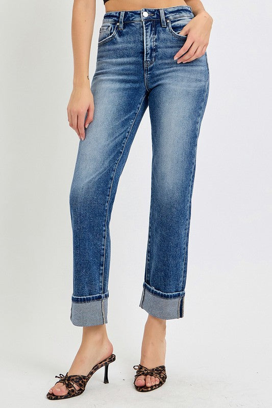 Risen Cropped Straight Cuffed Jeans