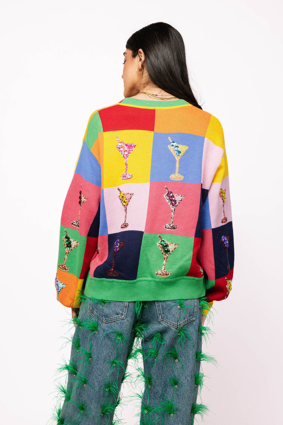 Queen Of Sparkles Multi Checkered Cosmo Button Up Sweater