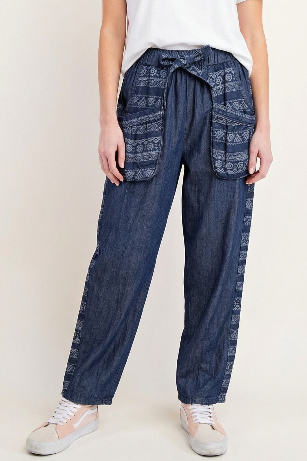 TRIBAL PATTERN MIX WASHED DENIM BARREL PANTS