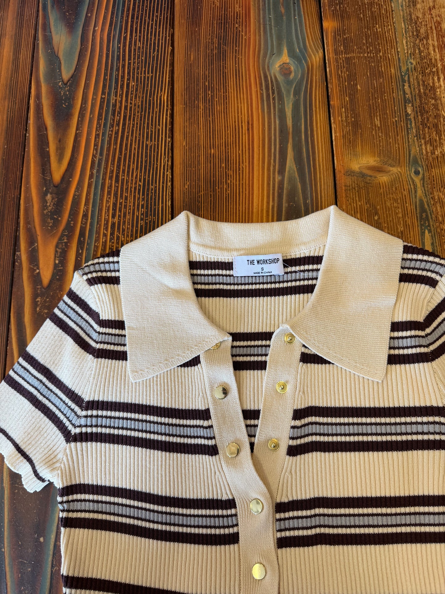 Multi-color Stripe Ribbed Polo Knit Top
