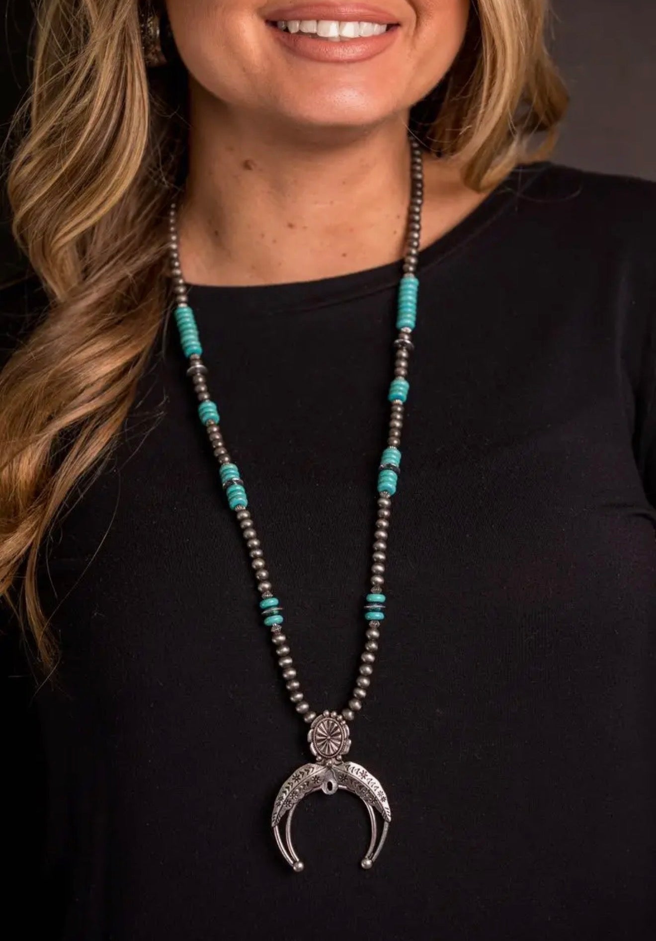 28" Turquoise & Faux Navajo Pearl
Necklace w/ Naja Pendant