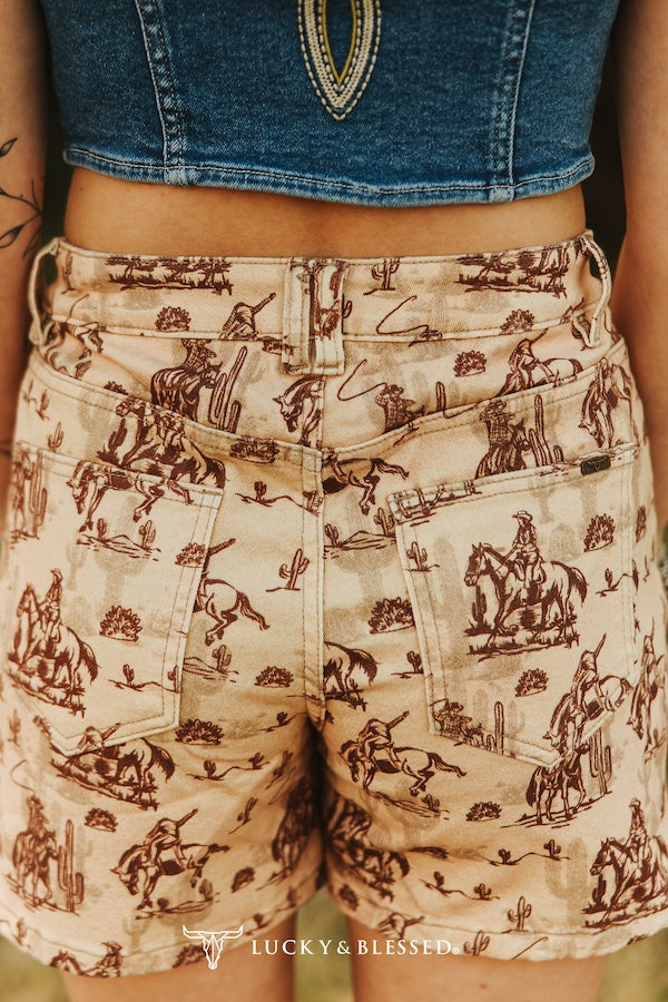 Cowtown Beige Western Print Shorts