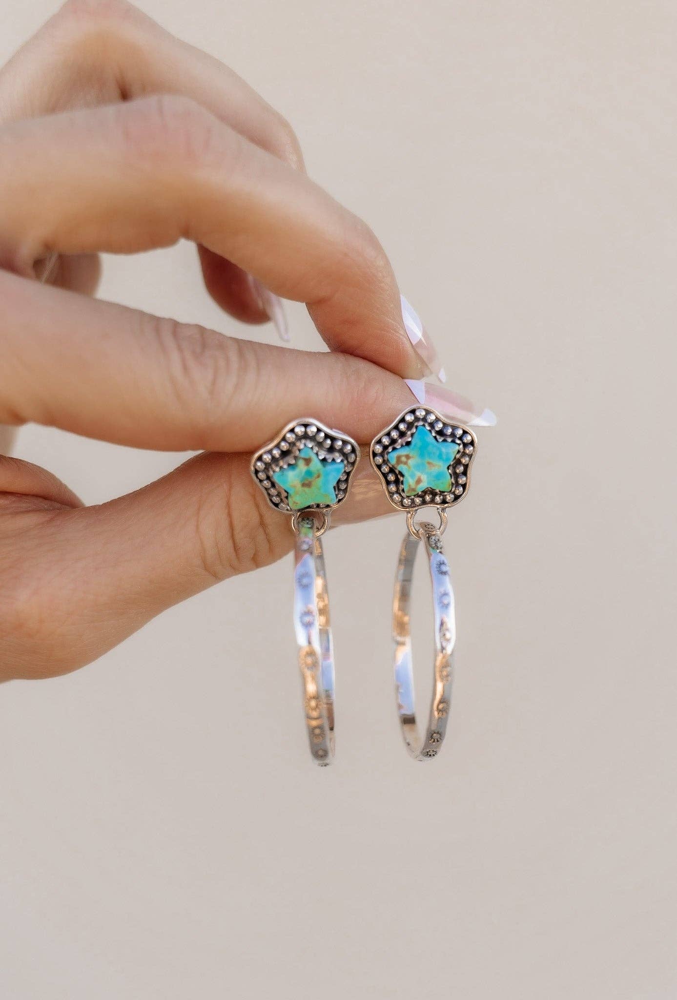 Star Stamped Hoop Sterling Silver Stone Earring