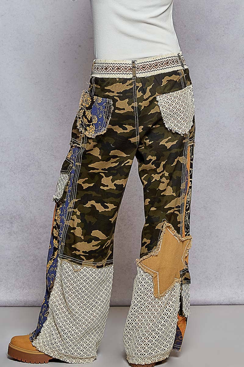 Printed patchwork detail woven twill pants