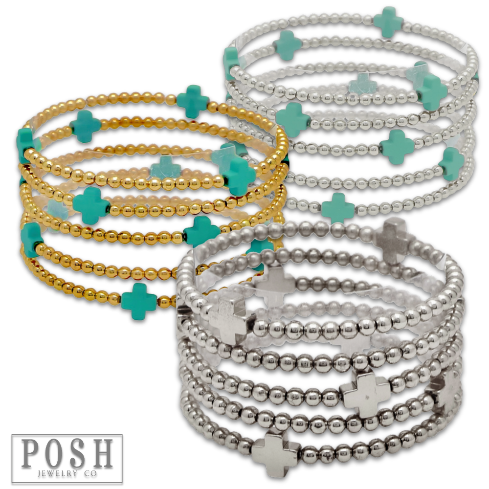 Beads and cross charm stack bracelet