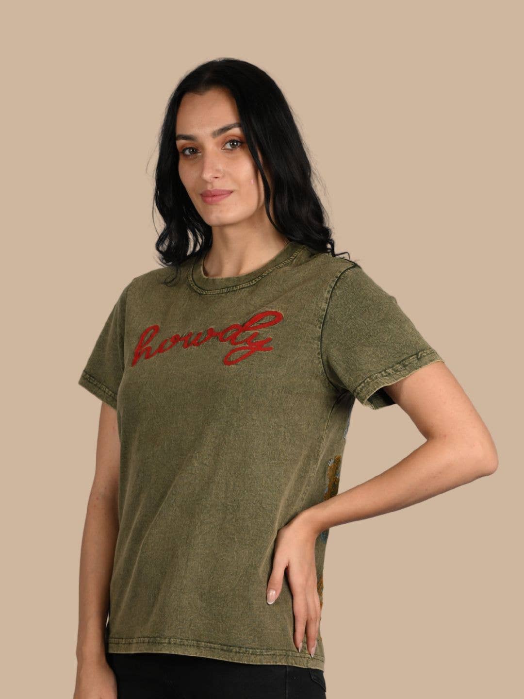 Howdy Embroidered Casual Crew-Neck T-Shirt