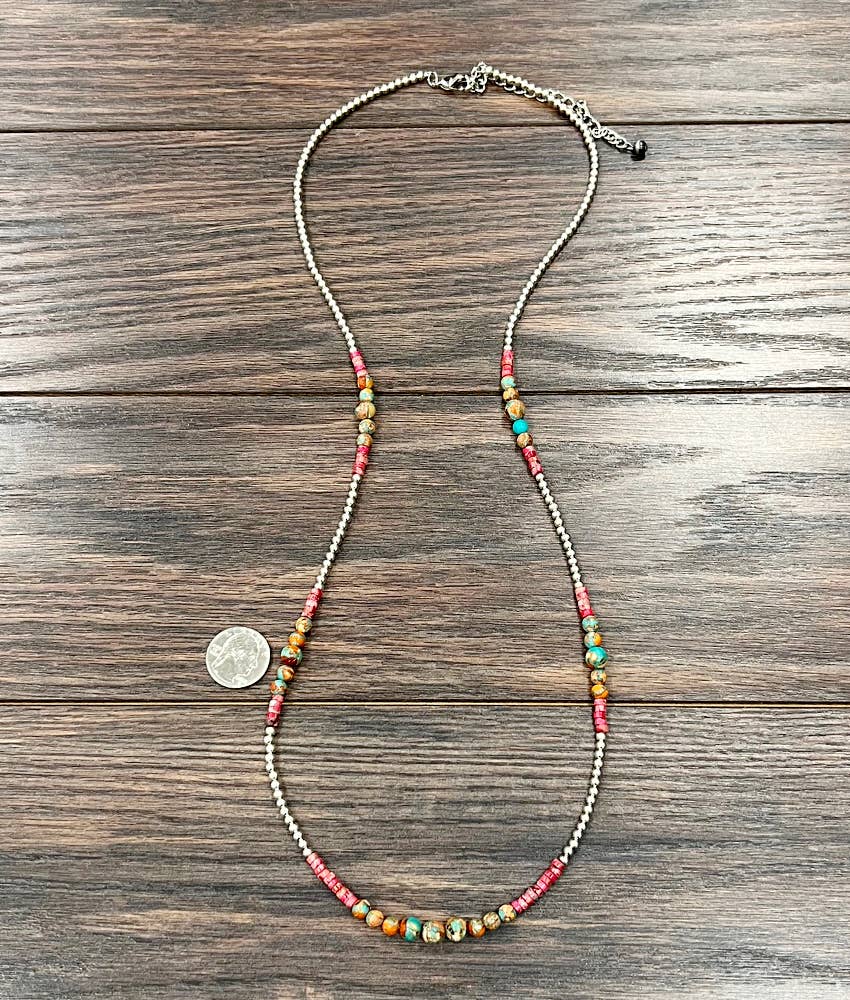 34" Clustered Gemstone, Silver Navajo Necklace