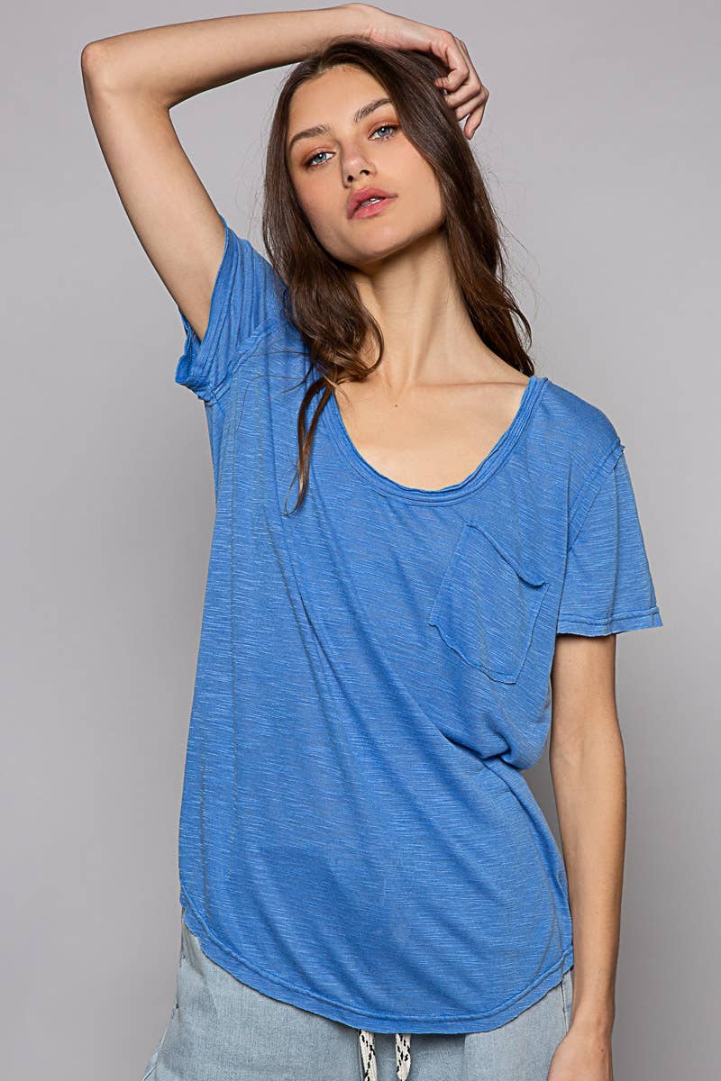Scoop Neck Rayon Slub Tee with Pocket Front and Short Sleeve