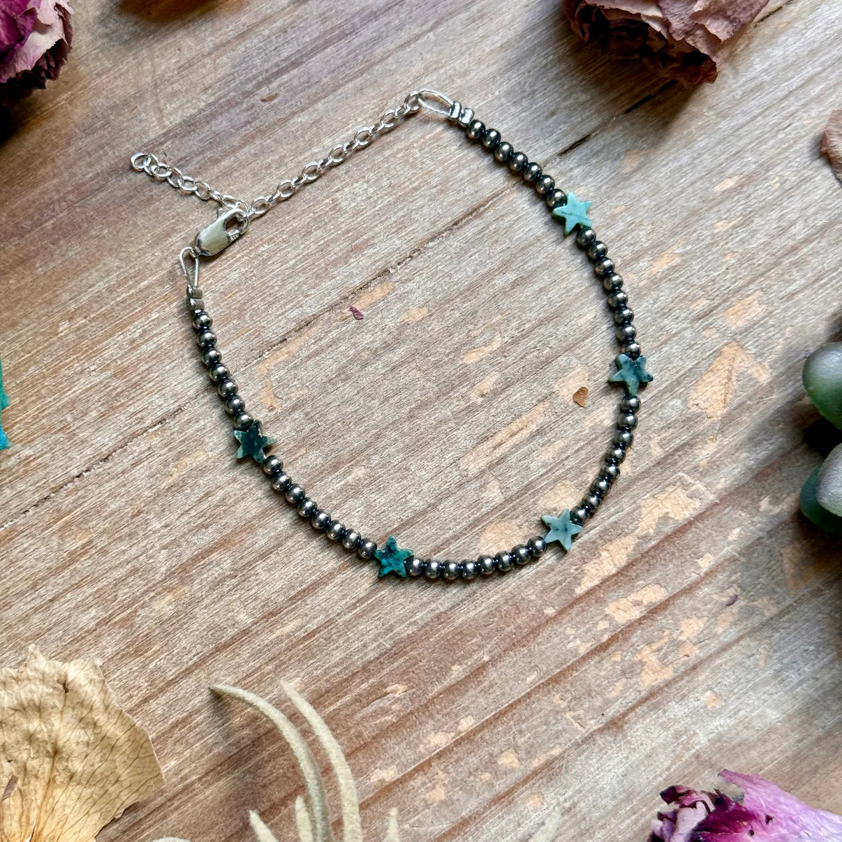 African Turquoise Onyx Star
Bracelet with Sterling Silver Pearls