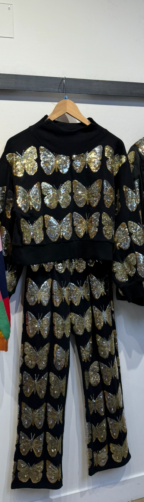 Queen Of Sparkles Black & Gold Sequin Butterfly Mockneck Sweatshirt OR Sweatpant