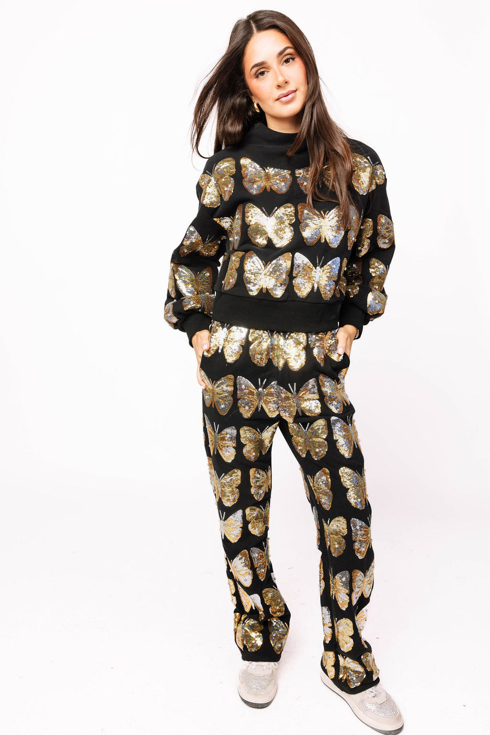 Queen Of Sparkles Black & Gold Sequin Butterfly Mockneck Sweatshirt OR Sweatpant
