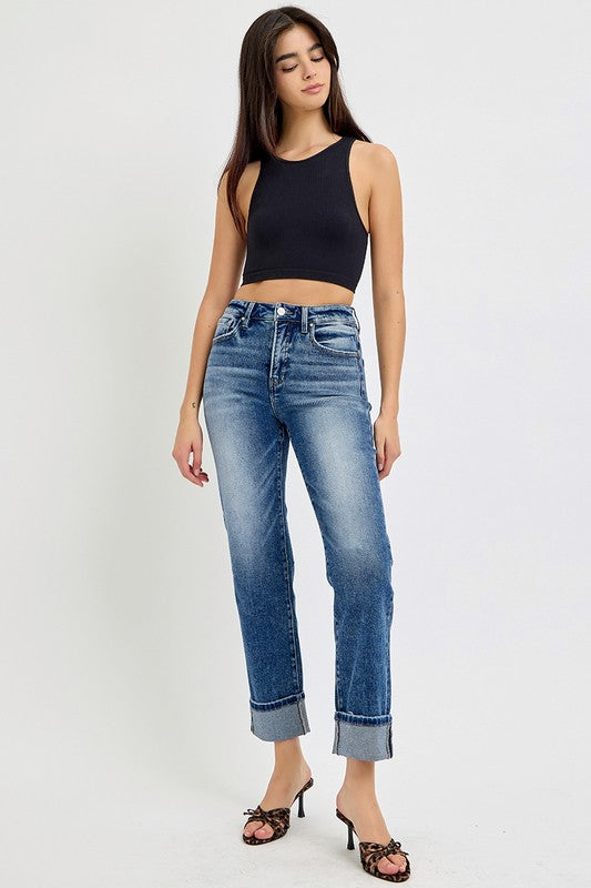Risen Cropped Straight Cuffed Jeans