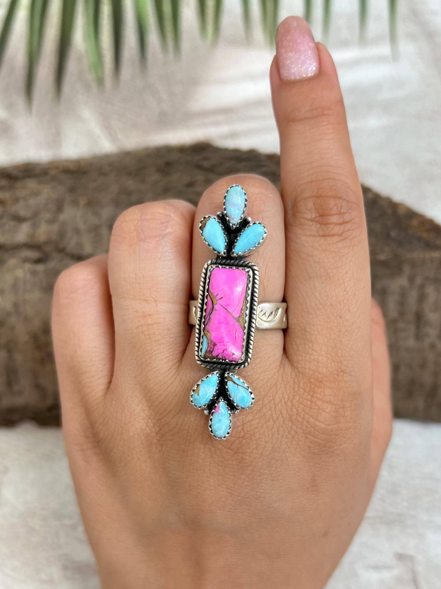 Handmade Sterling Silver Cotton Candy Turquoise Adjustable Ring with Signed Nizhoni