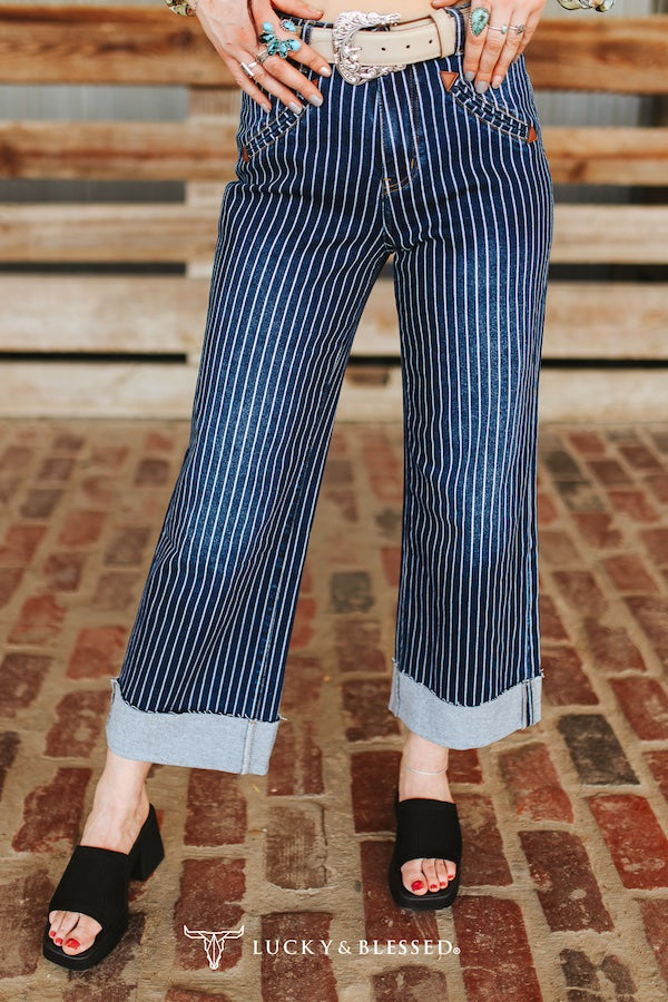 STRIPED CUFFED BOYFRIEND WESTERN ARROW POCKET JEANS (28IN INSEAM)