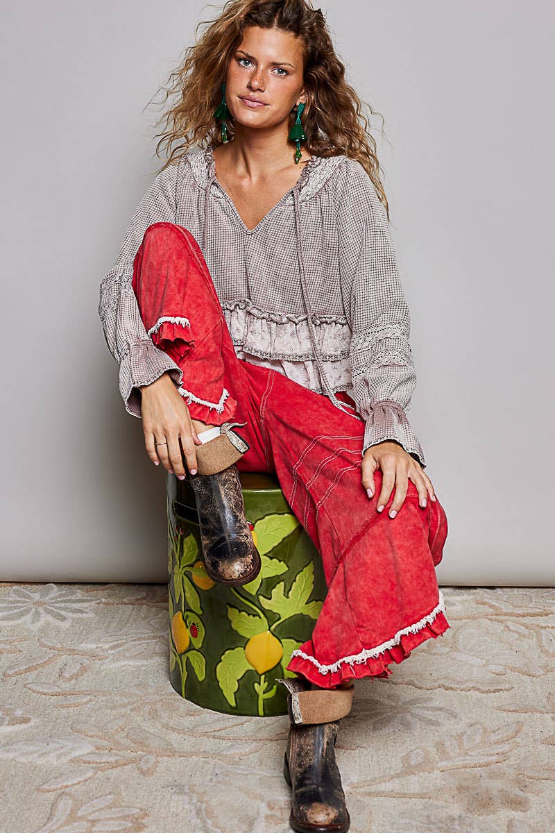 Deep V-Neck Cotton Eyelet Ruffle Balloon Sleeve Thermal Top