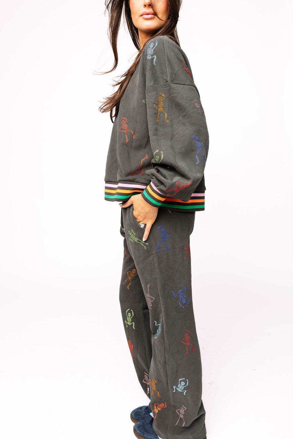 Queen Of Sparkles Charcoal Multi Skeleton Striped
Trim Sweatshirt OR Sweatpant