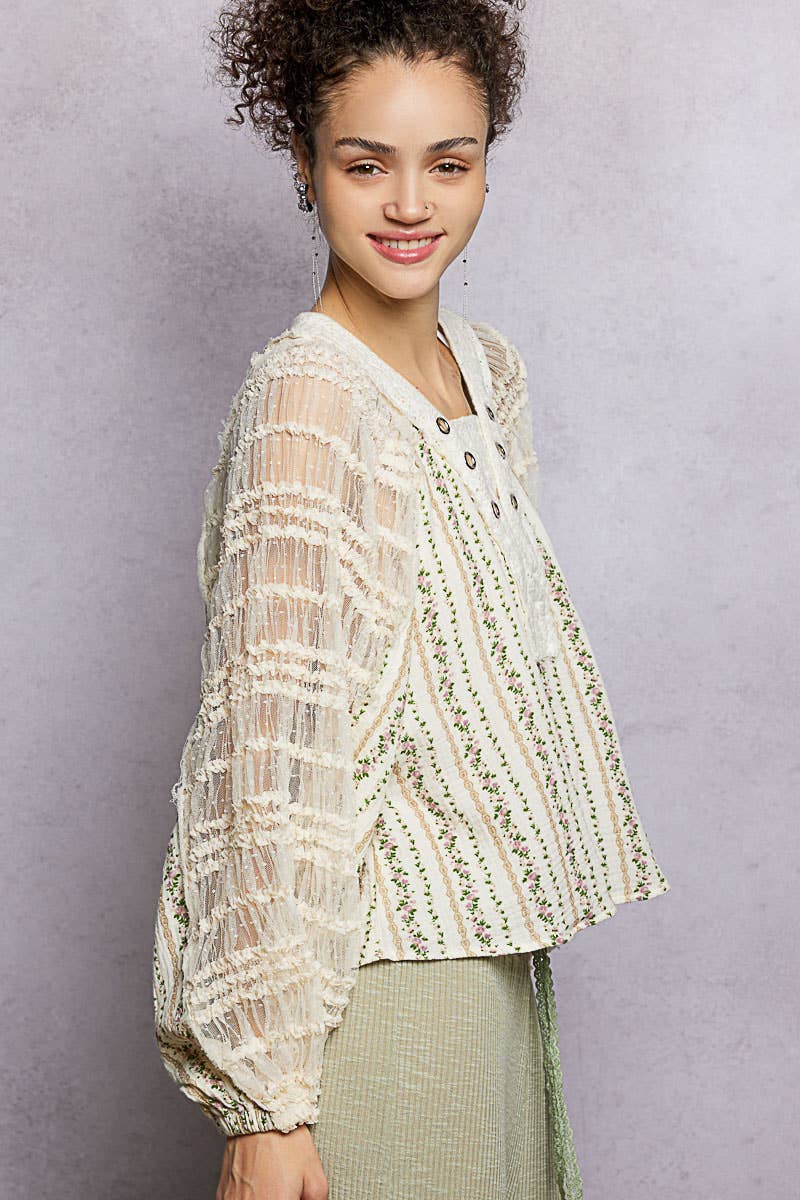 Long Sleeve V neck Lace Contrast Printed Woven Top