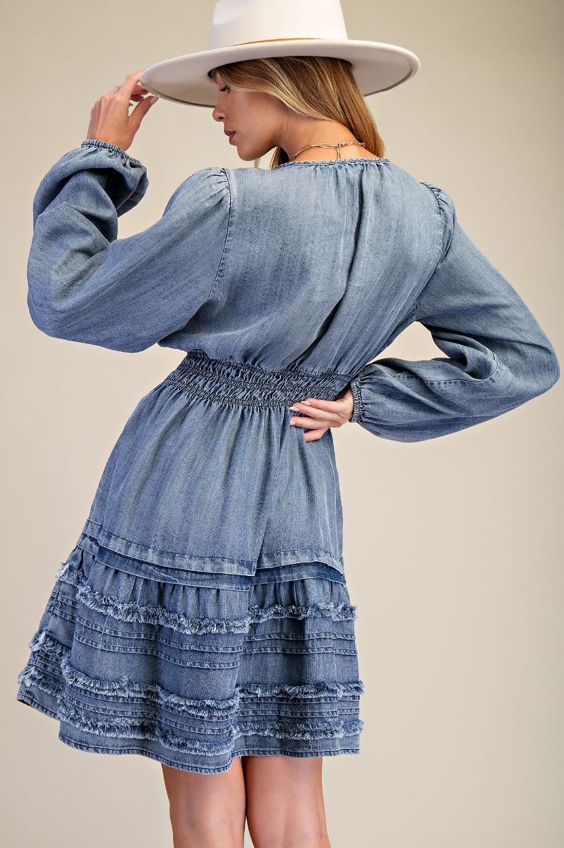 SMOCKED WASHED CHAMBRAY DRESS