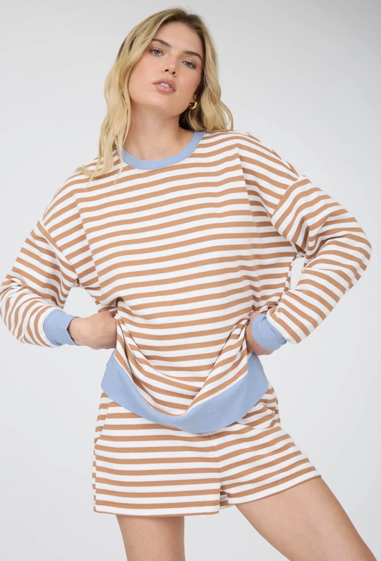 Striped Boxy Long Sleeve Contrast Knit Top and/or Ribbed Waist Knit Shorts