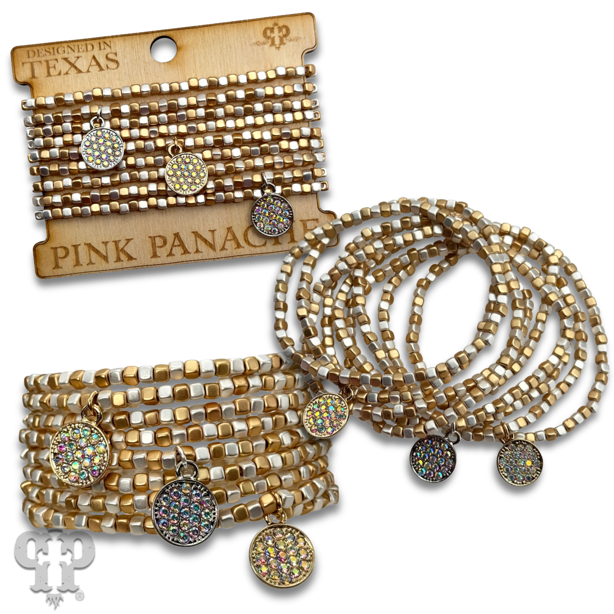 Gold and silver square bead bracelet with pave rhinestone charms