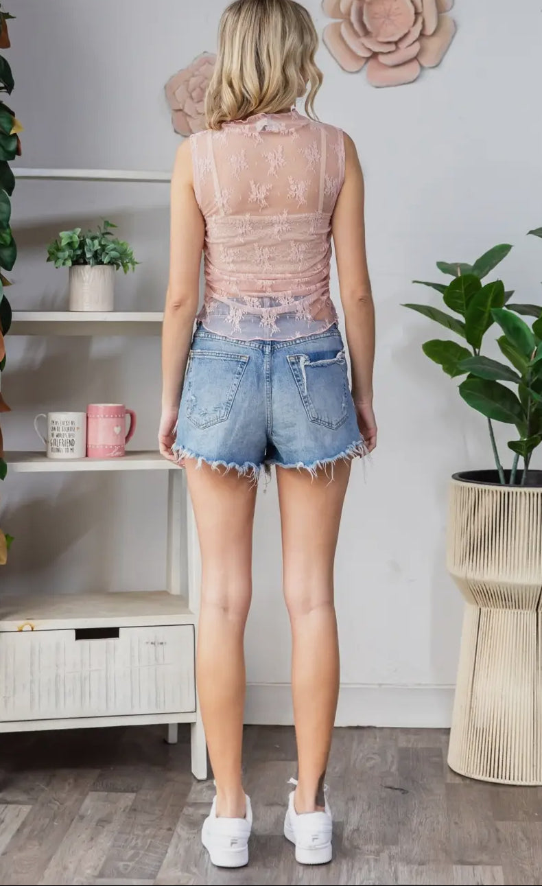 Sleeveless Lace Gathered Top