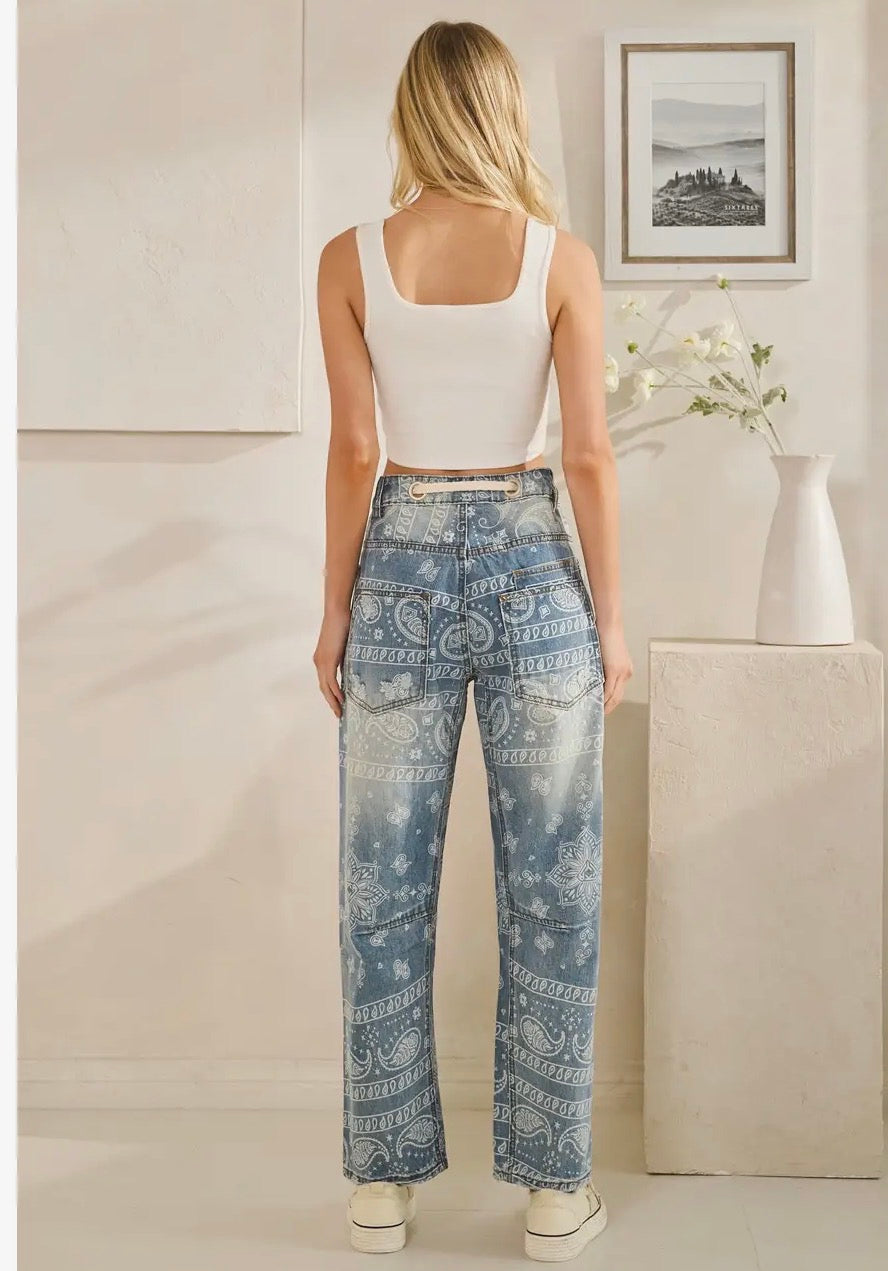 Washed Patty Paisley Patch Print Denim