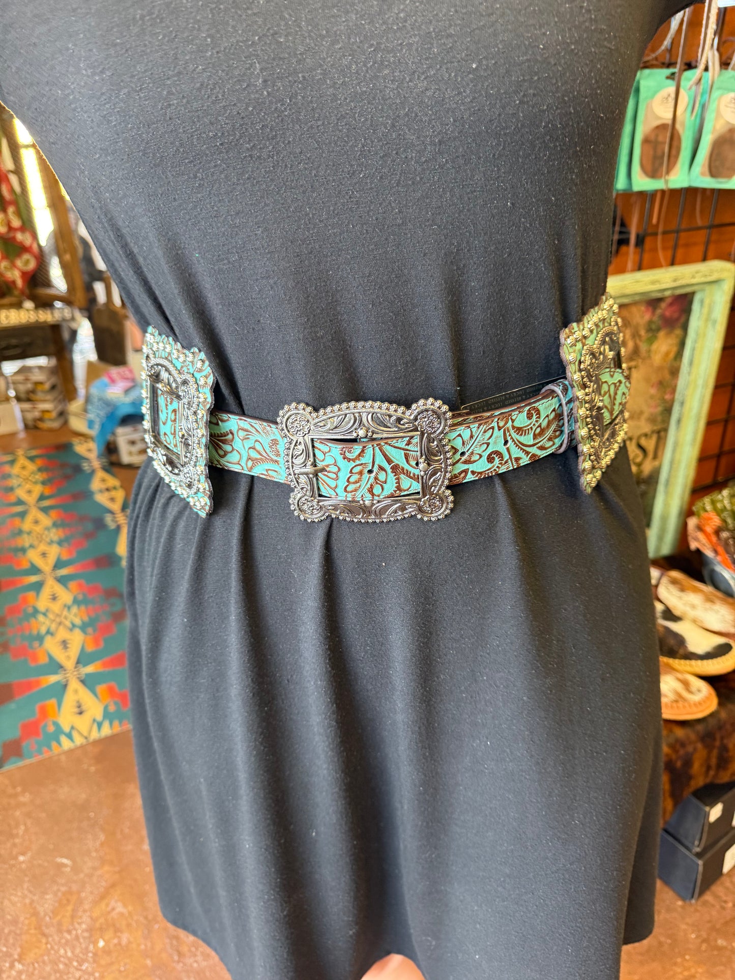 Turquoise Tooled Leather Square Concho Belt