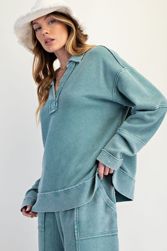 TEXTURED THERMAL WASHED PULLOVER