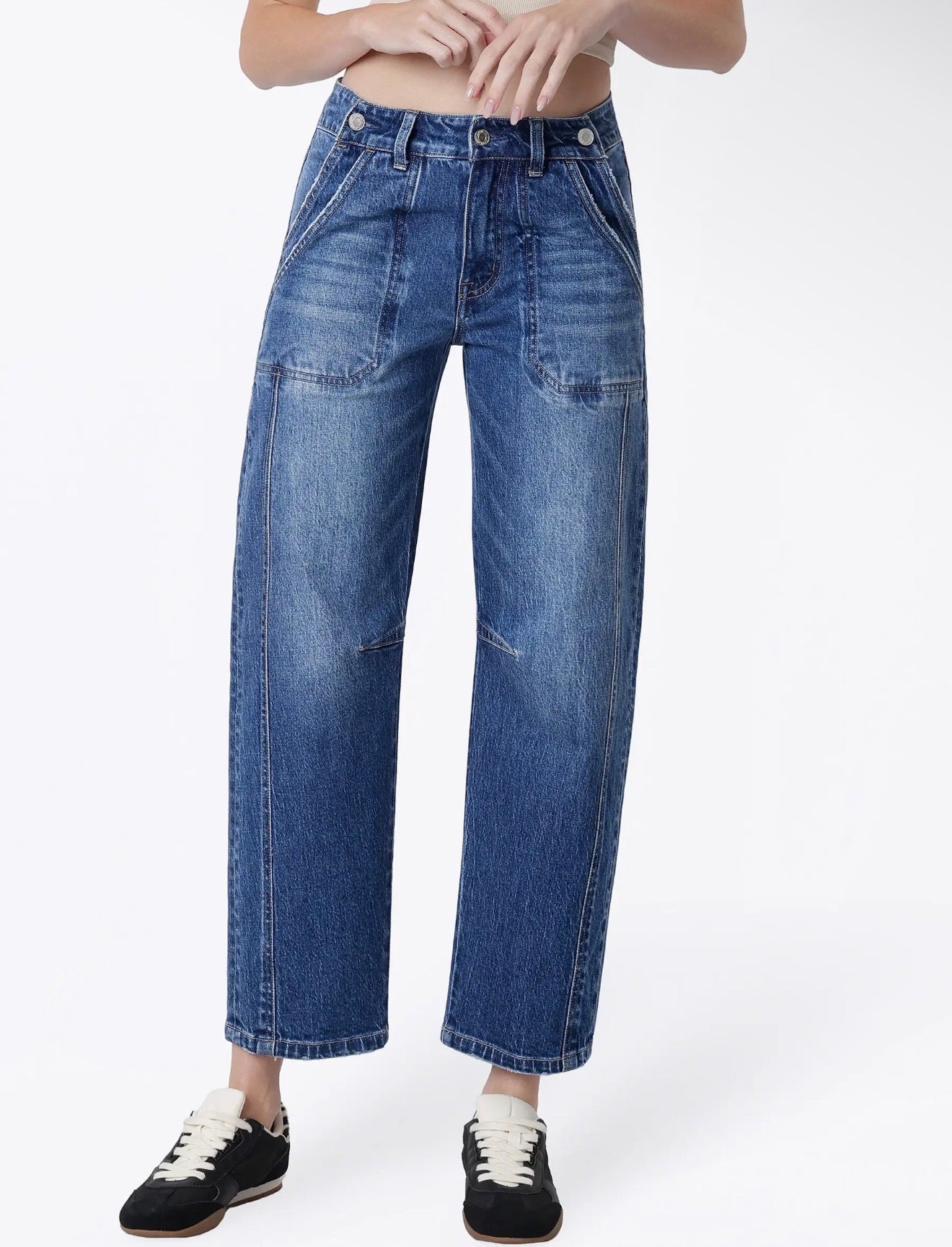Vervet High Rise Side Buttons Double Pockets Barrel Jeans