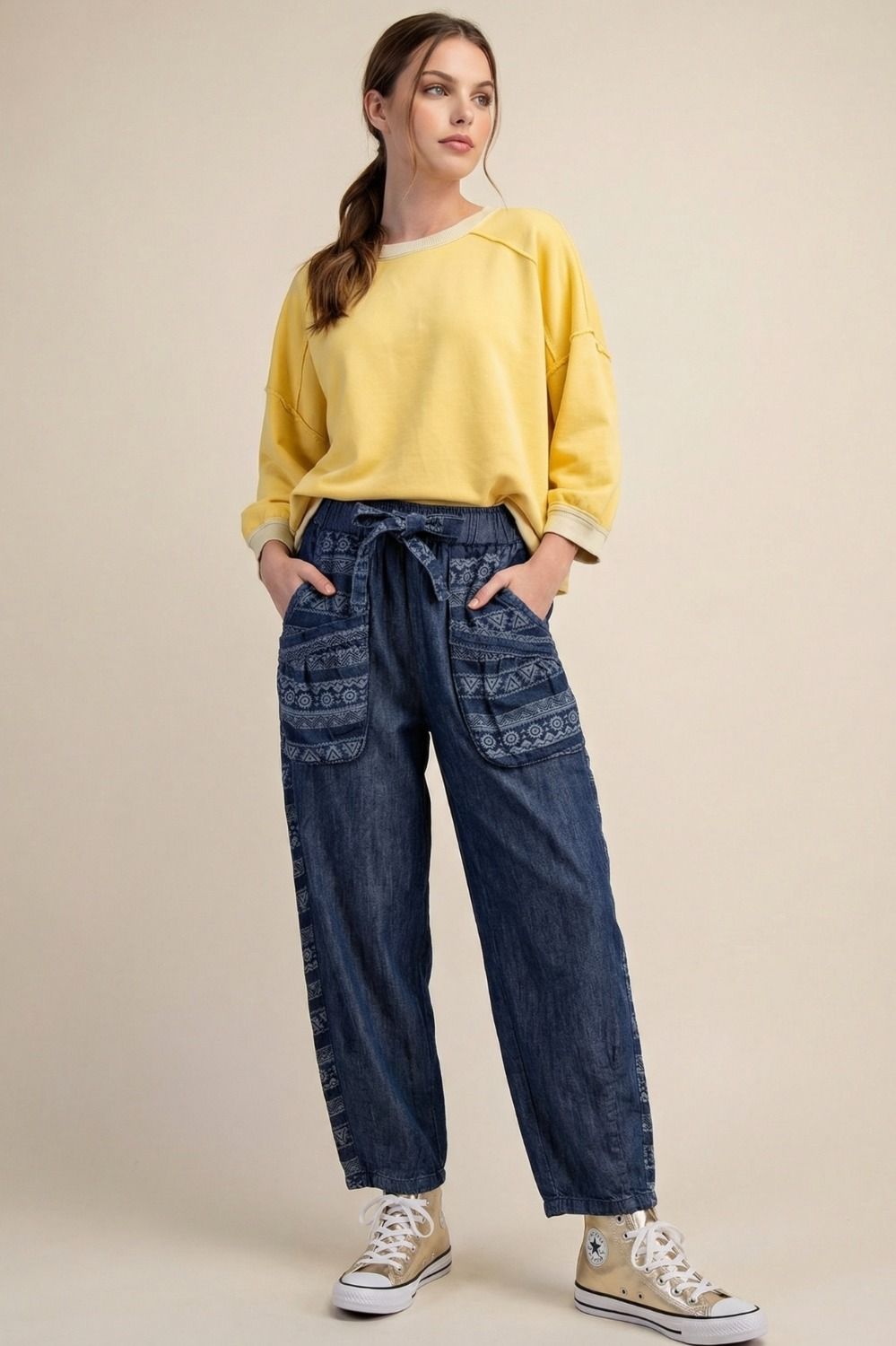 TRIBAL PATTERN MIX WASHED DENIM BARREL PANTS