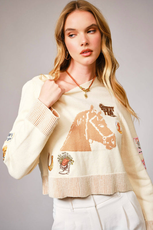 Horse Graphic Western Patch Sweater