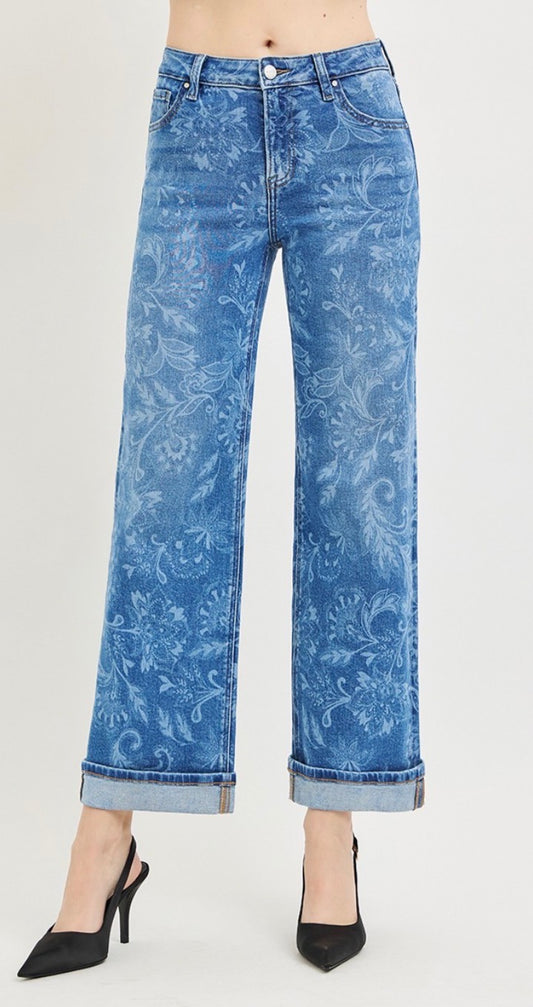 Risen - Mid Rise Ankle Straight Print Details Jeans