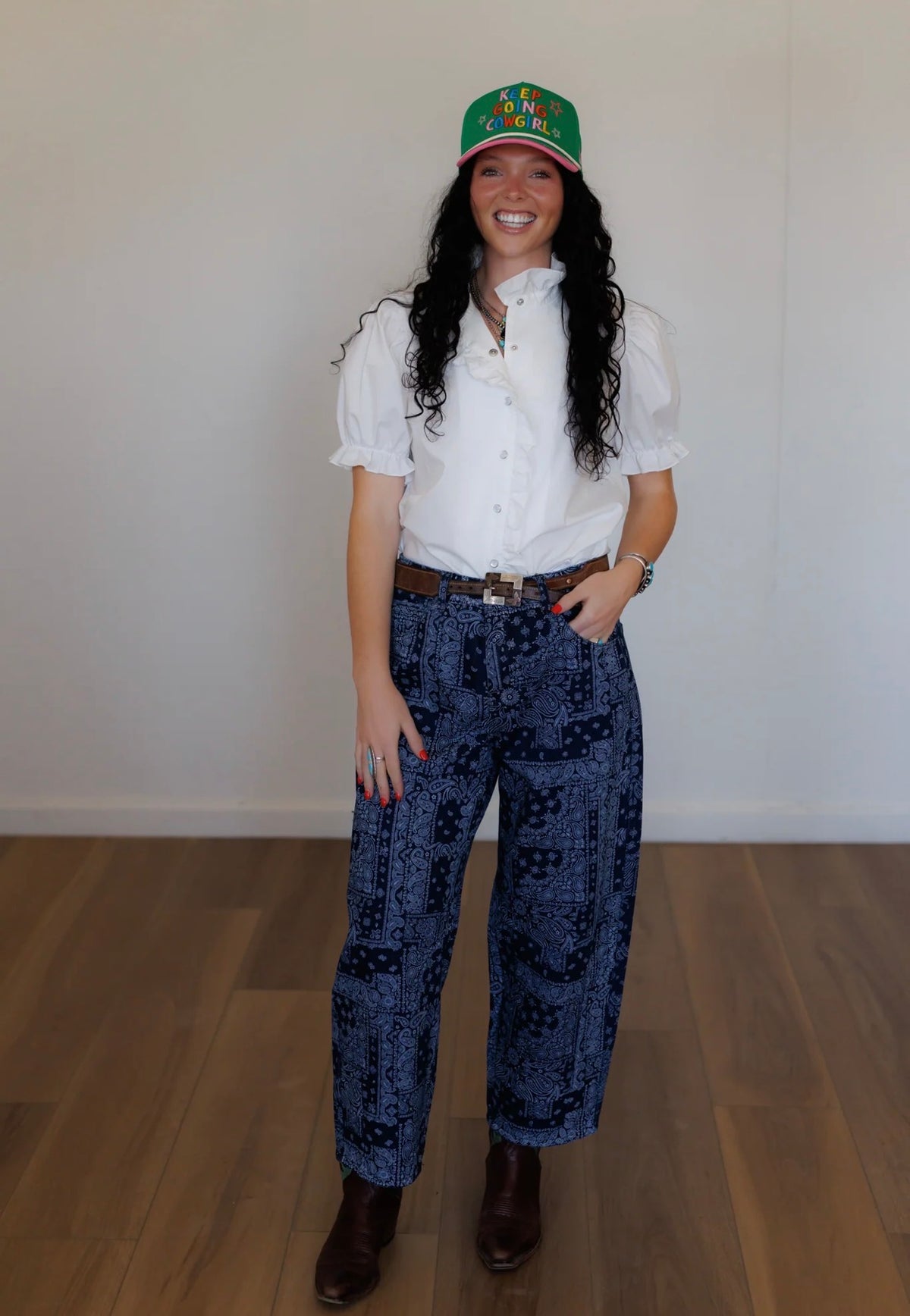 NAVY BANDANA BARREL JEANS