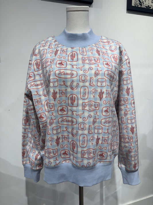 Mockneck western gingham print sweatshirt