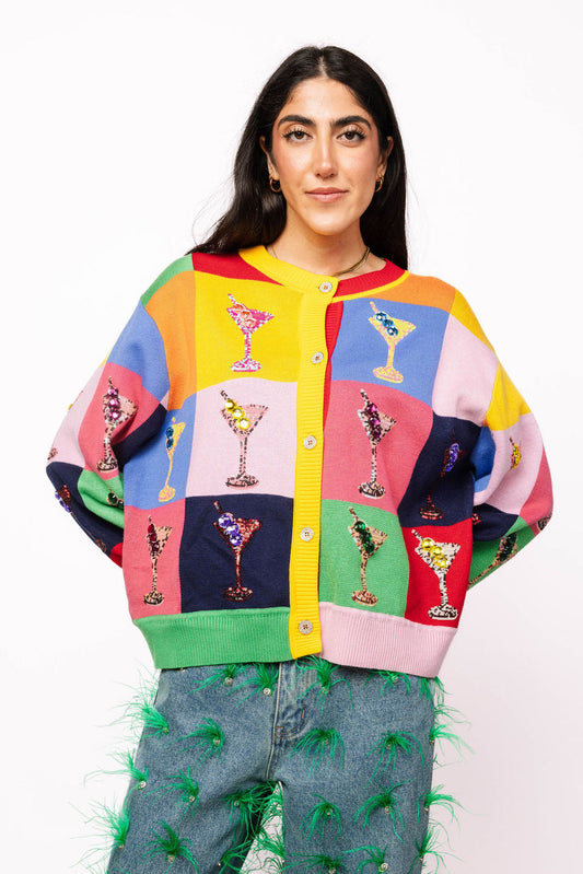 Queen Of Sparkles Multi Checkered Cosmo Button Up Sweater