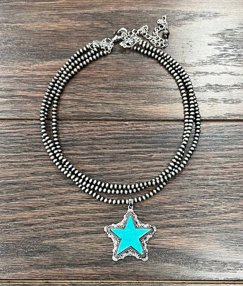736162, 15" 3-strand Navajo, Star Turquoise Necklace