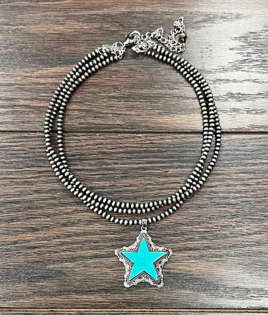 736162, 15" 3-strand Navajo, Star Turquoise Necklace