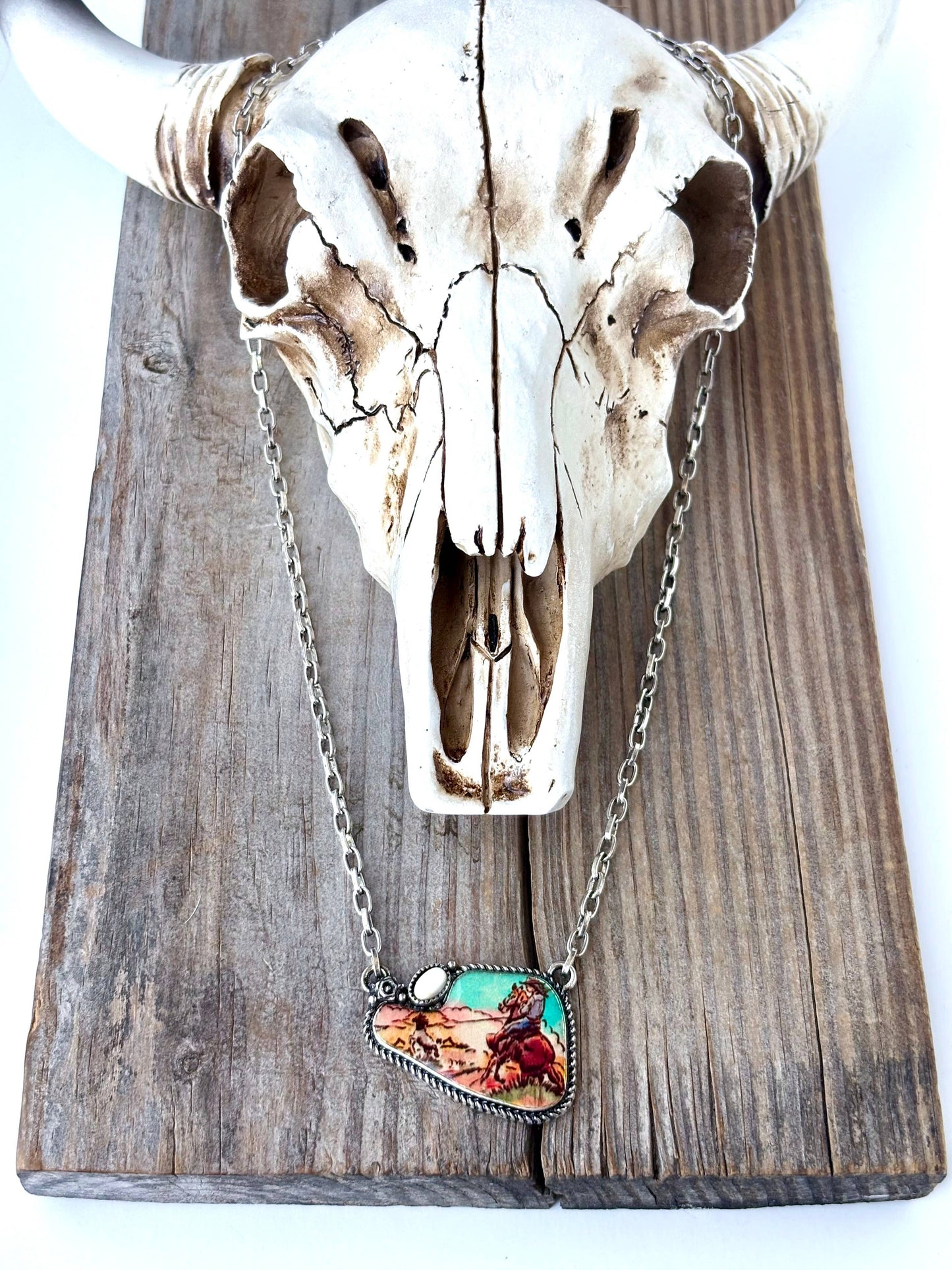 Western Rodeo Scenery with Stone Pendant Necklace
