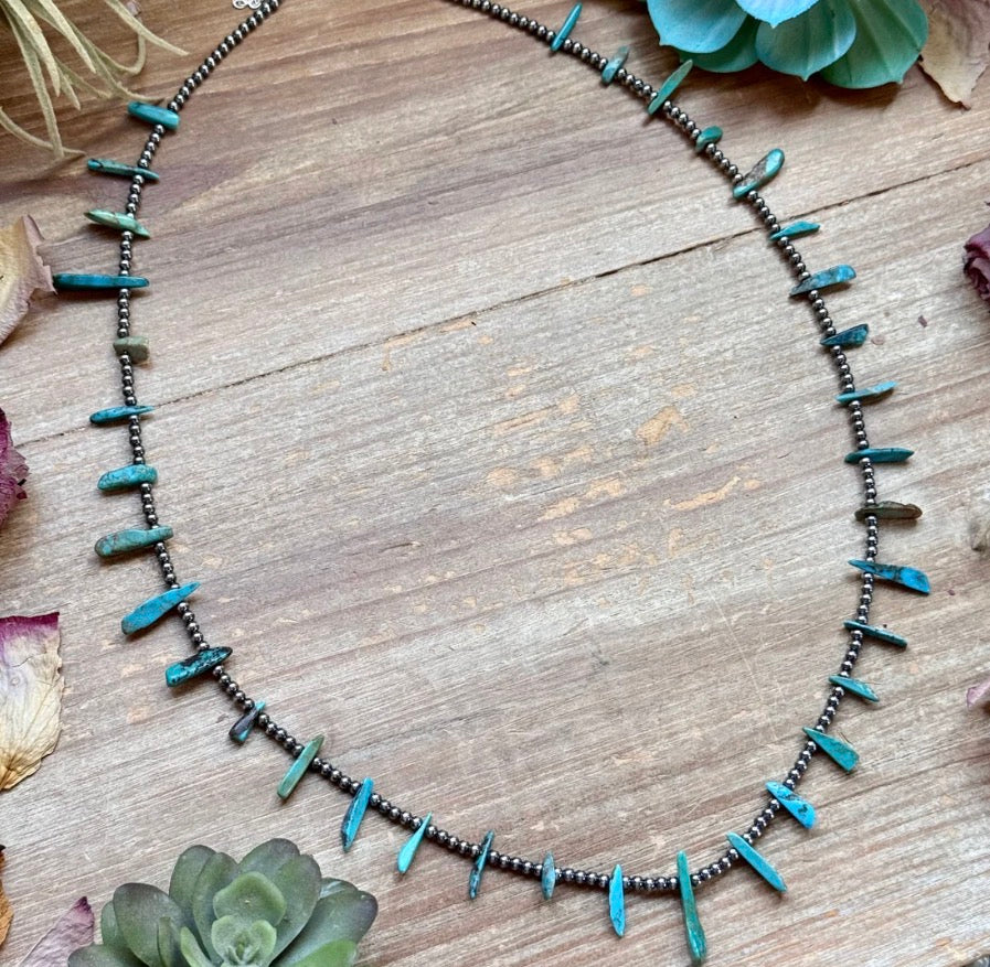 Sterling Silver Pearl & Turquoise Long Chip Necklace
