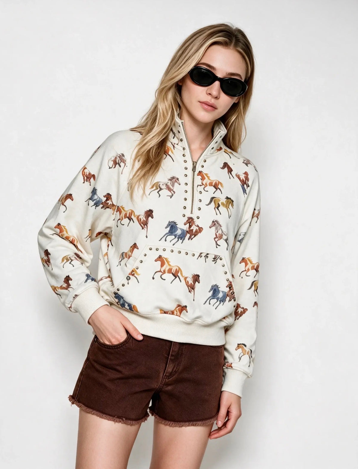 Western Horse Print Studded Pullover