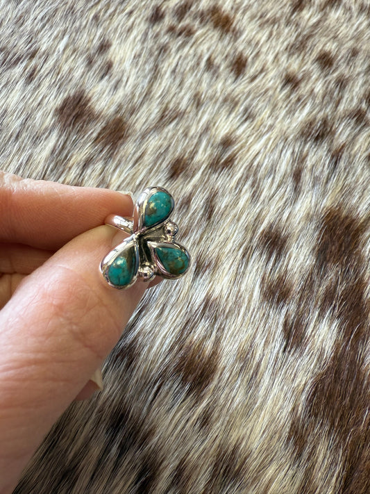 Genuine Turquoise Triple Teardrop Adjustable Ring