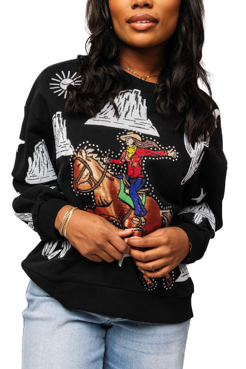 Queen Of Sparkles Black & White Multi
Bucking Cowgirl Sweatshirt
