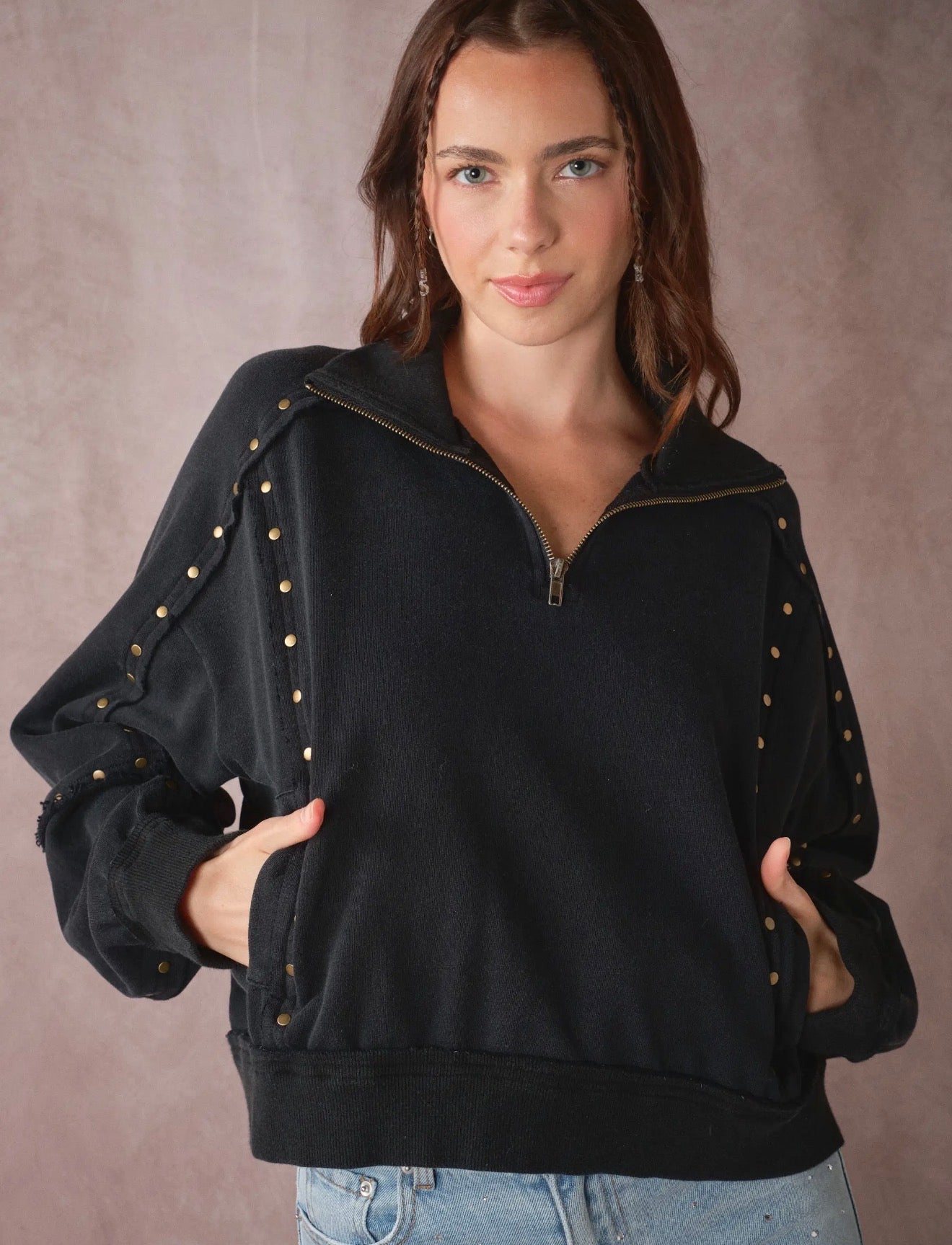 Studded Half-Zip Sweatshirt