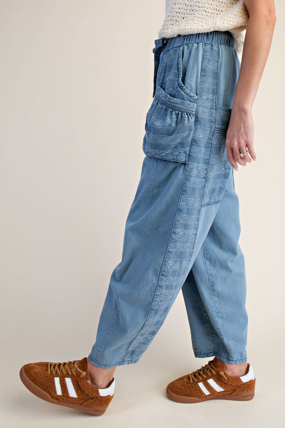 TRIBAL PATTERN MIX WASHED DENIM BARREL PANTS