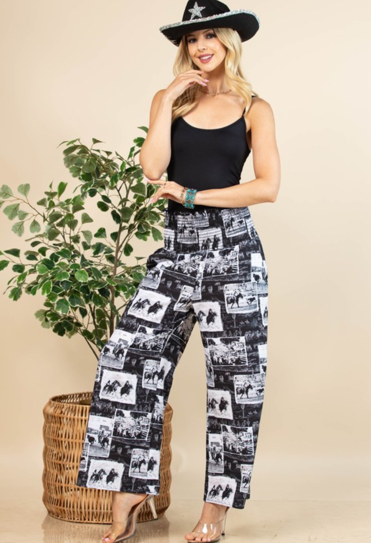 Western Print Smock Waist Pants