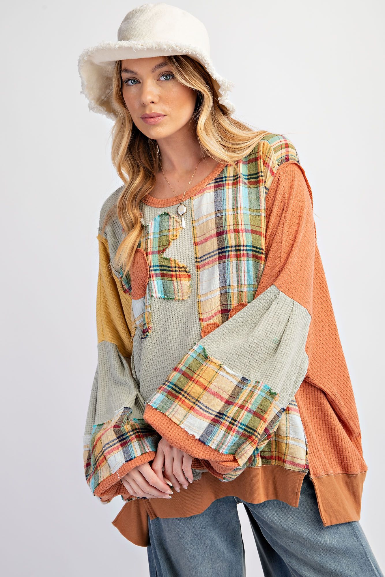 Plaid Mix Daisy Patch Top