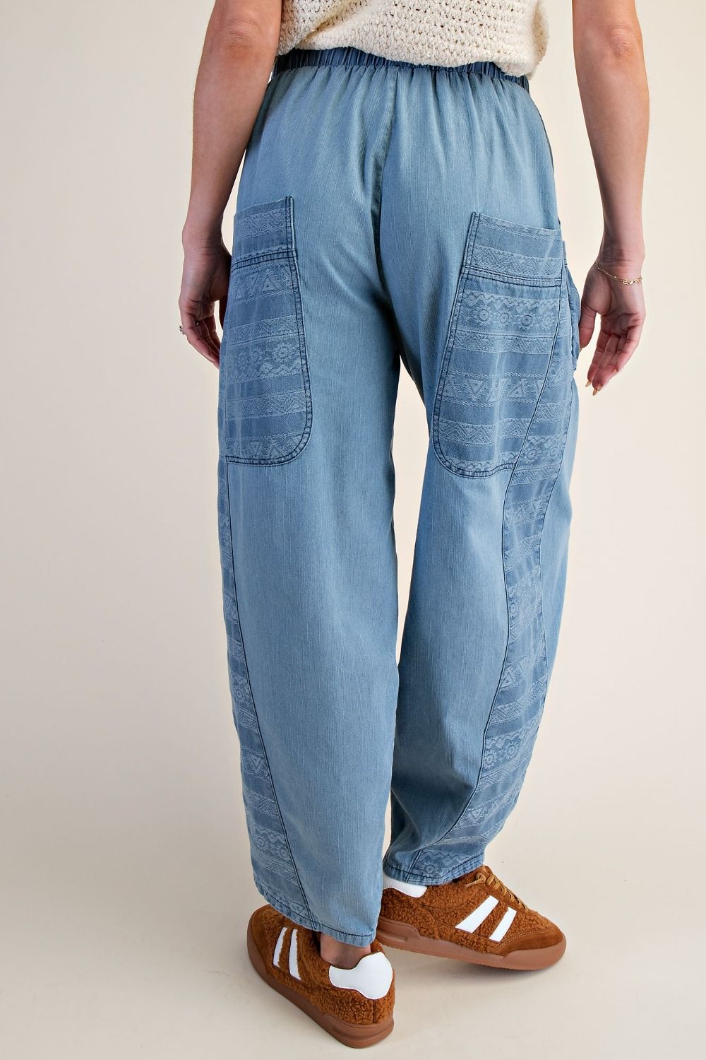 TRIBAL PATTERN MIX WASHED DENIM BARREL PANTS
