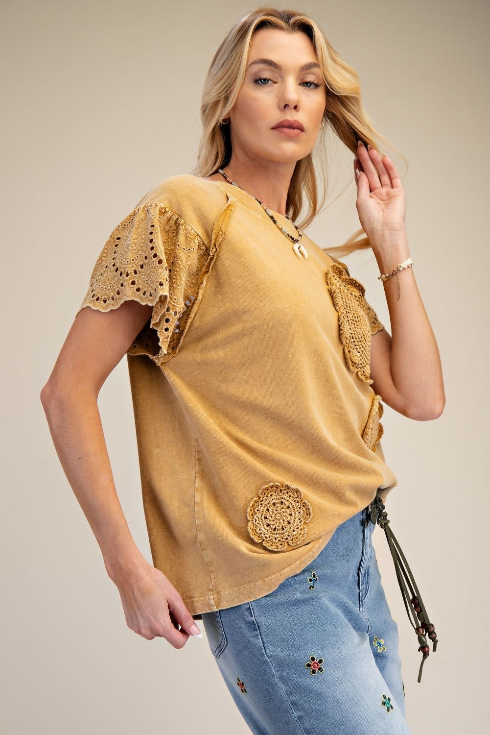 CROCHET PATCH FRONT WASHED TERRY TOP